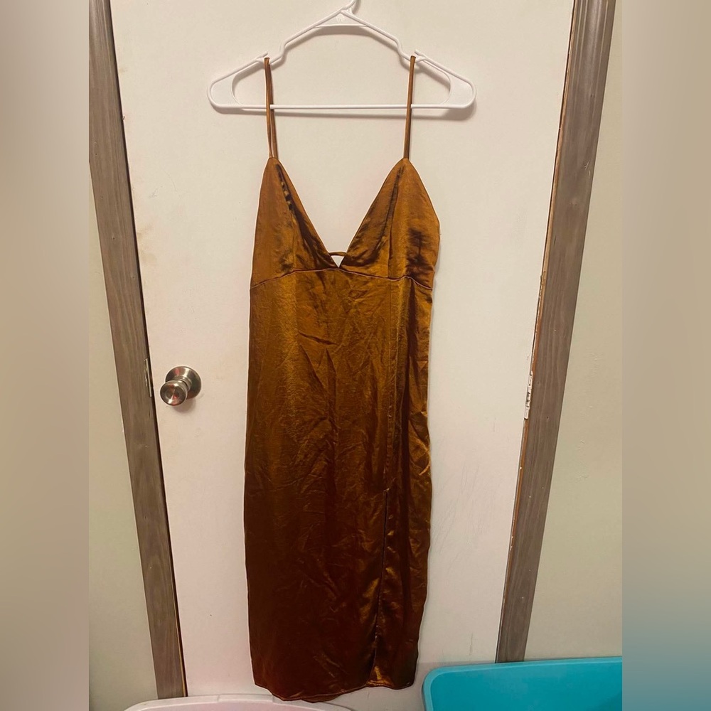 wild fable Satin Strapless Midi Dress in Brown